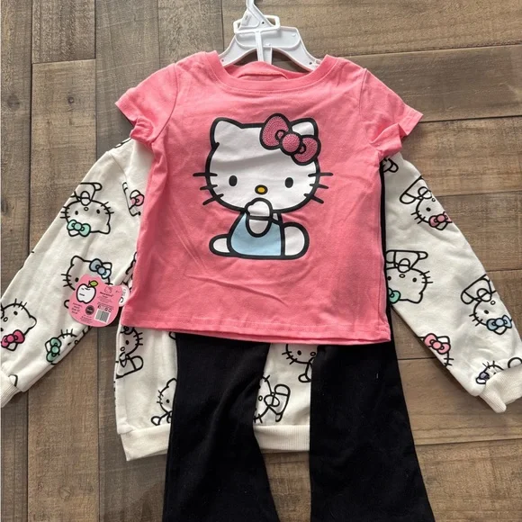 Hello Kitty Girls 3T 3 Piece Set Pink T-Shirt, White Sweatshirt, Black Pants - Picture 2 of 6